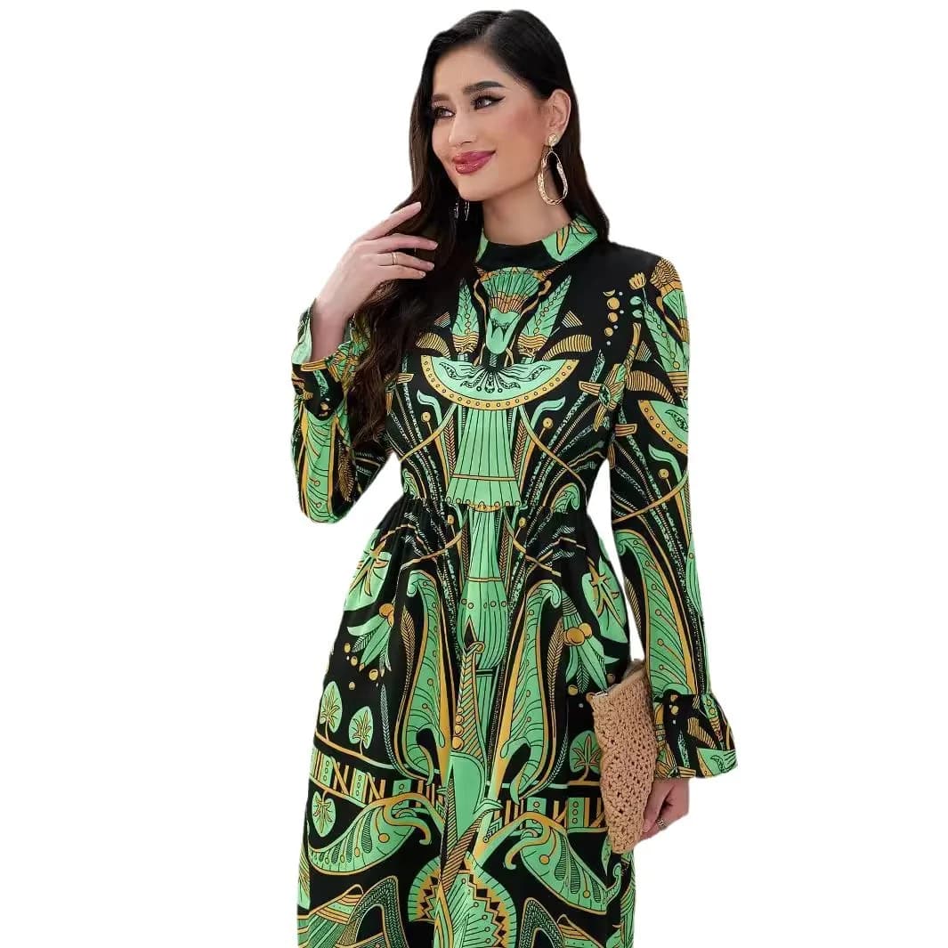 Abito lungo da donna transfrontaliero del Medio Oriente Boutique Posizionamento Totem Stampa Manica in corno Abito grande a pendolo Cw81234