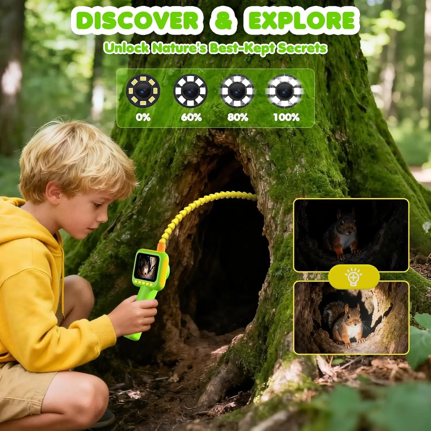 Endoscopio per Bambini, Telecamera a Serpente con Luci, Giocattolo Educativo STEM per Esplorazione della Natura e Campeggio all'Aperto
