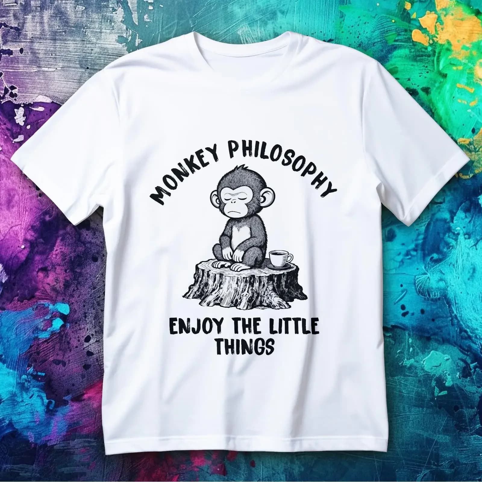 Monkey Philosophy T Shirt Enjoy The Little Things Meditating Coffee Cute Zen Mindfulness Funny Animal vintage Washed fashion