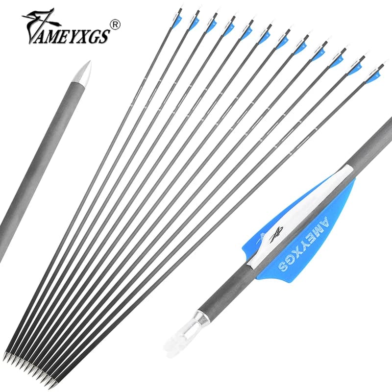 6/12pcs 32 "Tiro con l'arco Freccia in carbonio puro Spine 500/600/700/900/1000/1200 Arco ricurvo composto Caccia Bersaglio Tiro Accessori