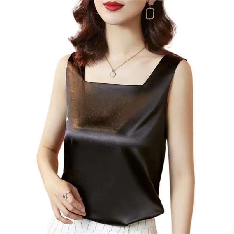 Nuovi Top Estivi da Donna in Raso Tinta Unita Senza Maniche con Colletto Quadrato, Maglietta Larga, Canotta Slim in 10 Colori