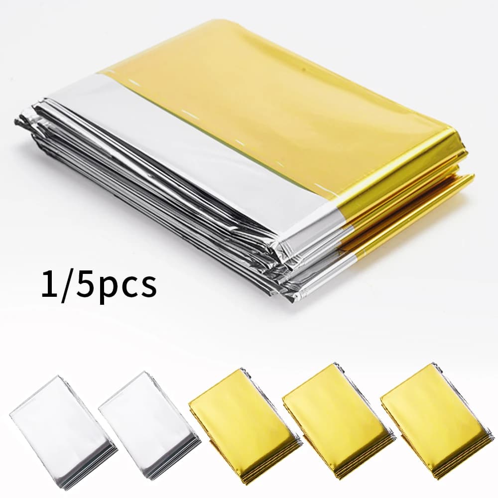 Oro Argento 130x210 cm Coperta di emergenza Salvavita Isolamento termico Protezione solare Sopravvivenza Coperte di salvataggio Kit Attrezzatura da campeggio