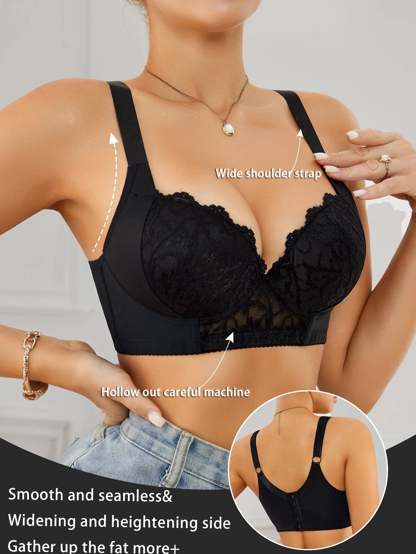 Reggiseno da donna in pizzo floreale con reggiseno minimizzatore con ferretto per valorizzare il seno, spalline larghe e confortevoli, intimo.