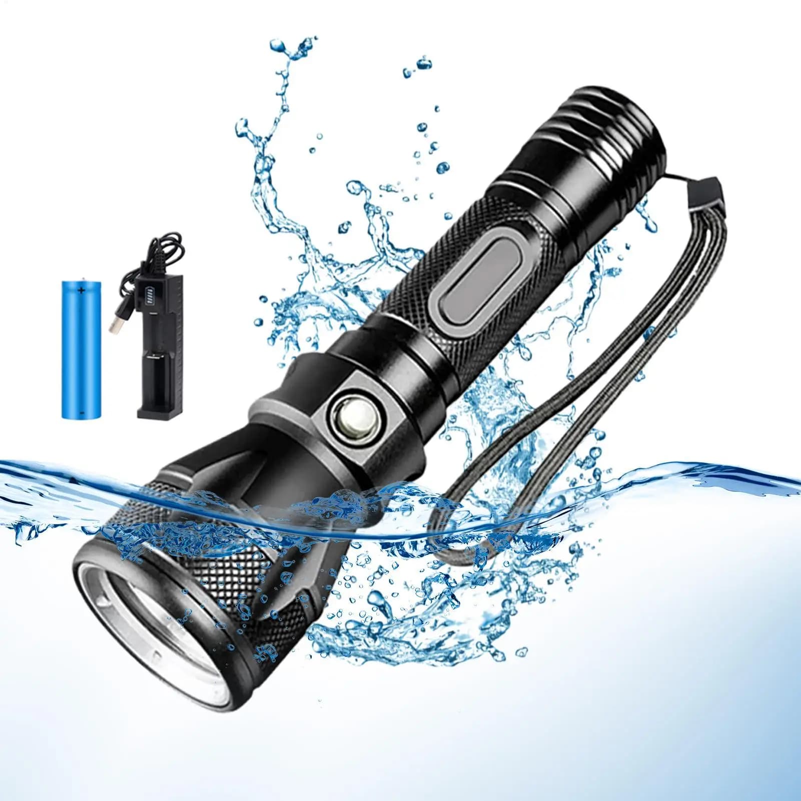 3-Mode Powerful Rechargeable Waterproof LED Diving Flashlight Torch Portable Dive Light for Night Outdoor Sports Underwater Safe