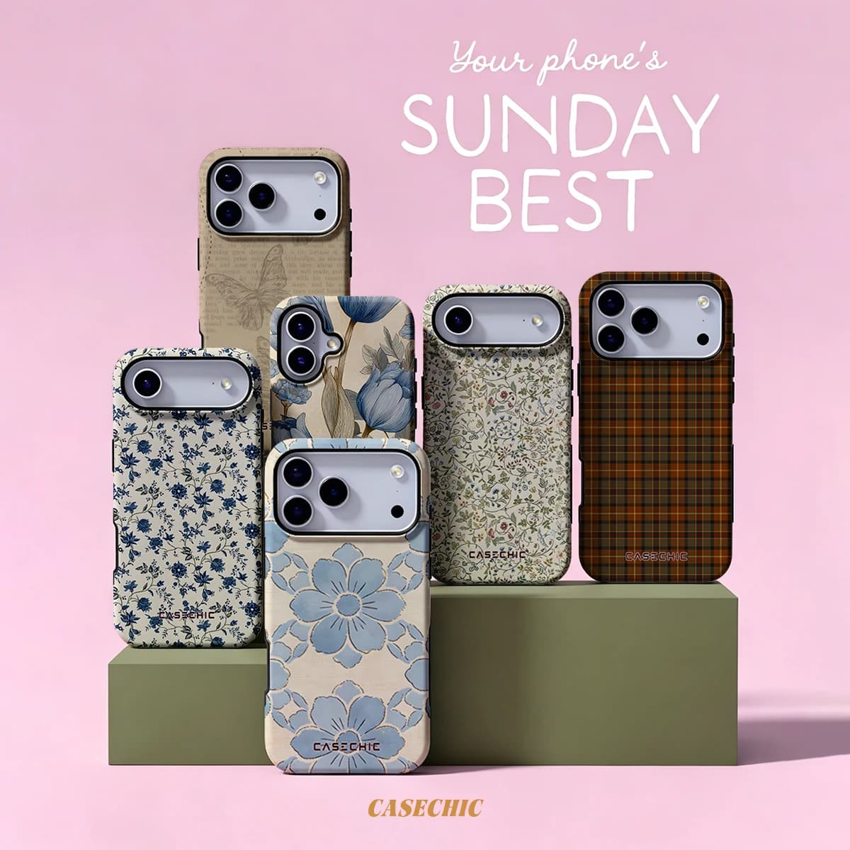 Vintage Blue Floral Tile Case for Samsung Galaxy S26 S25 S24 S23 Ultra Drop Resistant Glossy Dual-Layer Cover CaseChic