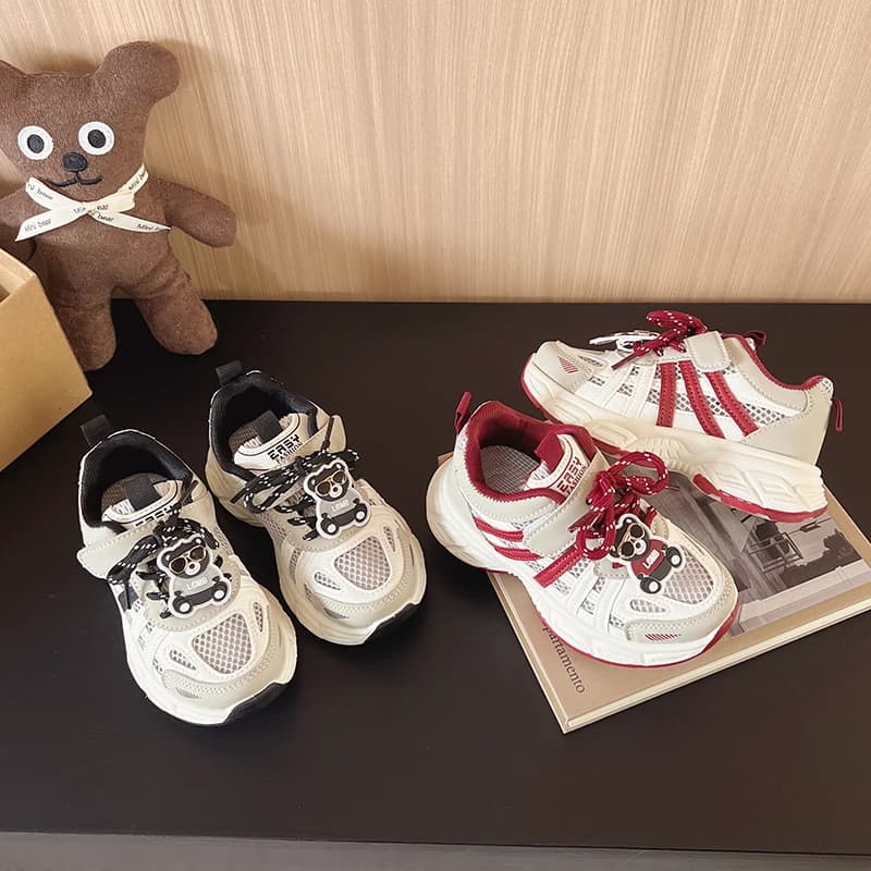 Kids Sneakers Breathable Mesh Hook&loop Boys Girls Running Shoes Cute Bears 2025 New Fashion Children Sports Shoes Soft Sole