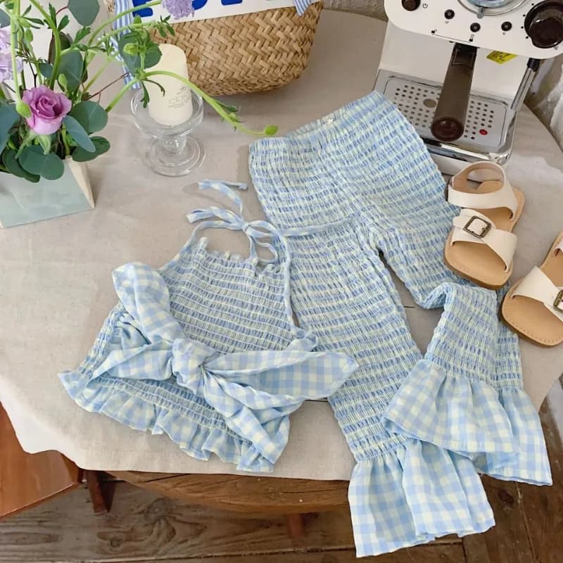 Estate 2-6 anni neonate 2 pezzi vestiti set senza maniche blu tinta unita fionda elastico in vita pantaloni di cotone vestito bambini abiti