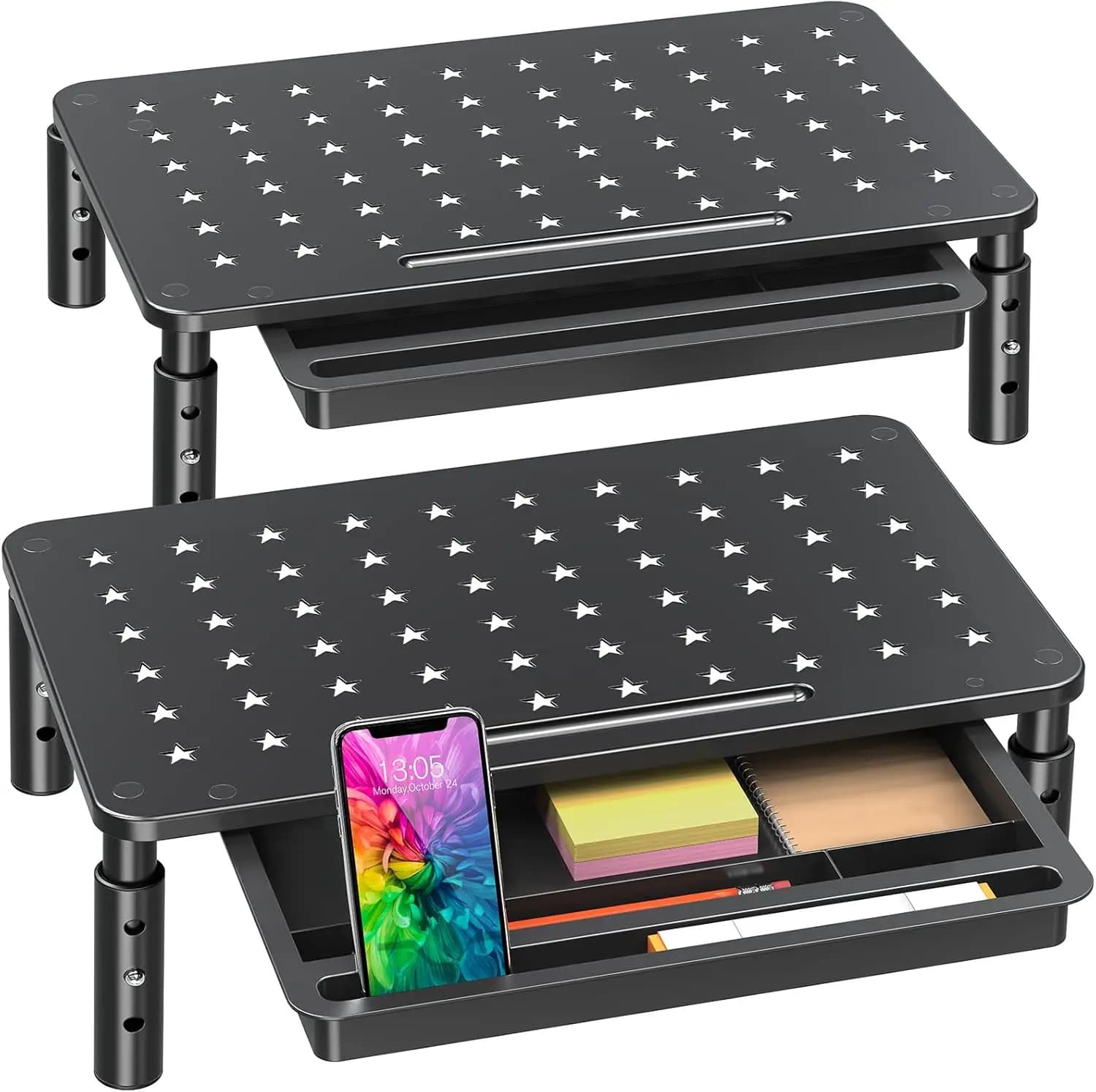 Height Adjustable Monitor Support with 3 Levels and Storage Boxes - Metal Ergonomic Lift for Computers, Laptops and Printer