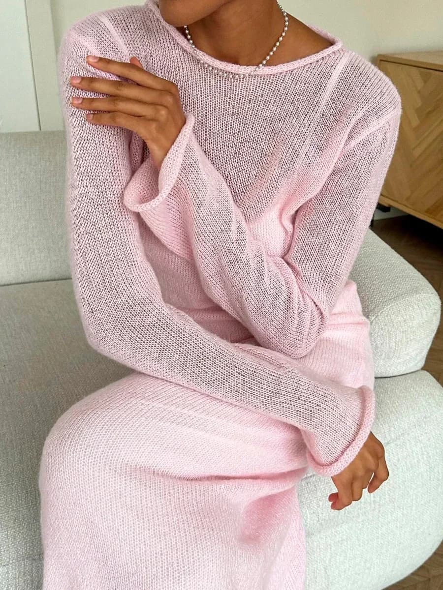 Abito lungo lavorato a maglia elastico con o-collo Gonna a canotta Donna Chic Soft Lady Abiti maglione scavato Set da 2 pezzi
