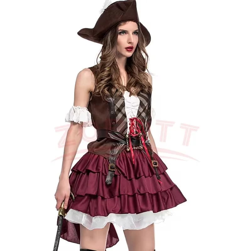 Pirate Costume for Adults, Women's Dress for Theater Shows, Captain Jack Dress, Brown Dress for Carnival and Night Party