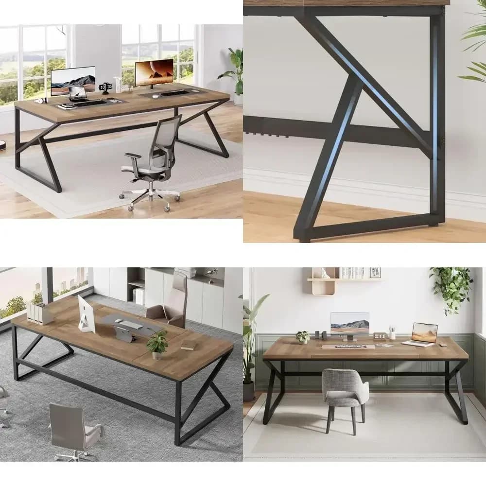 Scrivania doppia in legno rustico e metallo per ufficio domestico, scrivania direzionale da 78 pollici per scrittura, studio e gaming