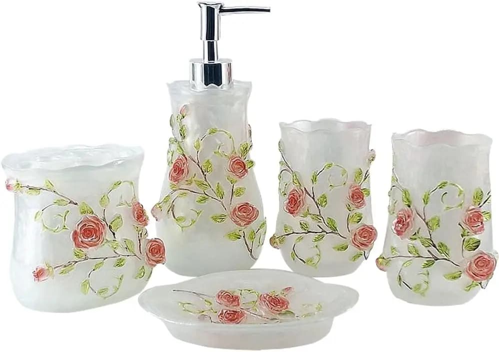 Elegante Set Bagno Bianco con Rose 3D: Dispenser Sapone, Porta Spazzolino, Bicchiere, Porta Sapone - 5 Pezzi
