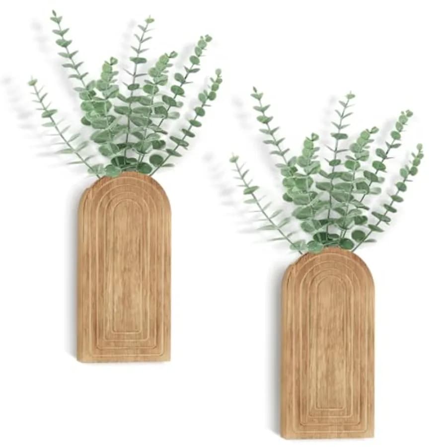 Wood Wall Planter Vase with Artificial Eucalyptus, 2 Pack Hanging Planter for Indoor Fake Plants Modern Boho Farmhouse Wall Art