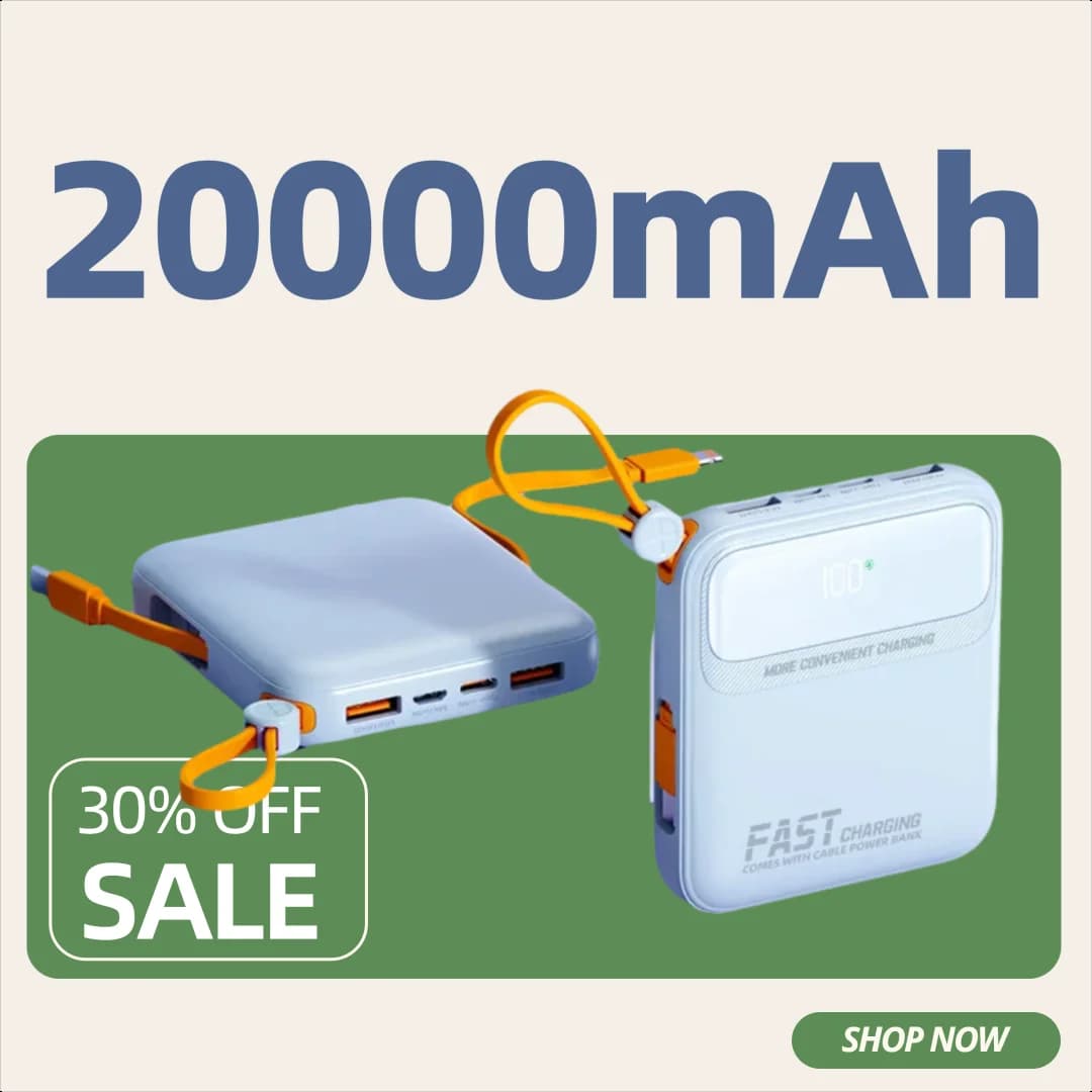 Power Bank da 20000mAh a Ricarica Rapida, Portatile e Compatto con Cavo Integrato