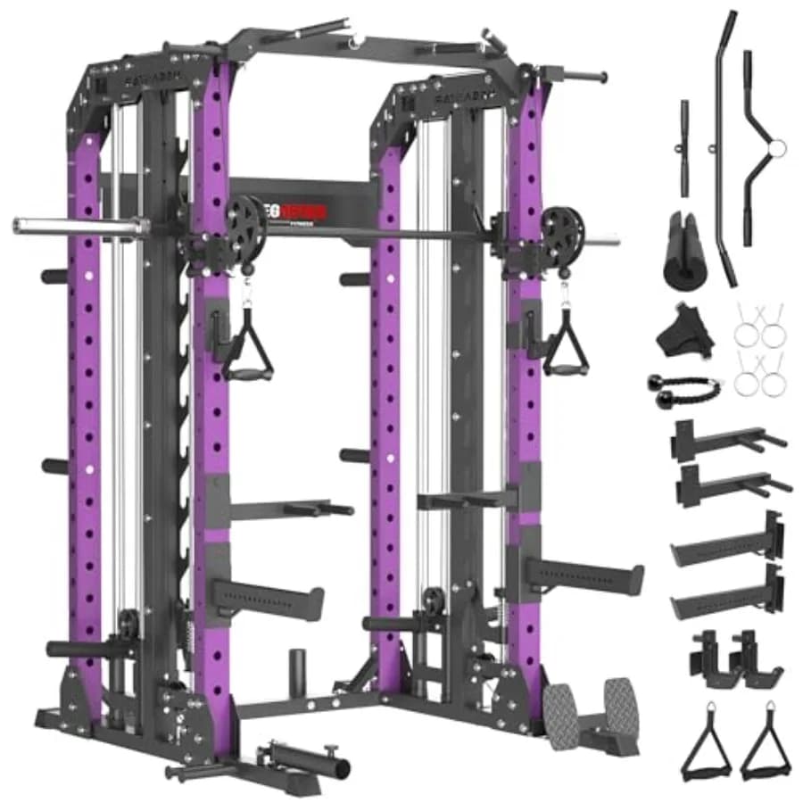 Smith Machine 2600LBS Squat Rack 7-in-1 Home Gym Cage con Barre di Sicurezza Regolabili, Pull-Up e LAT Pulldown in Acciaio Nero
