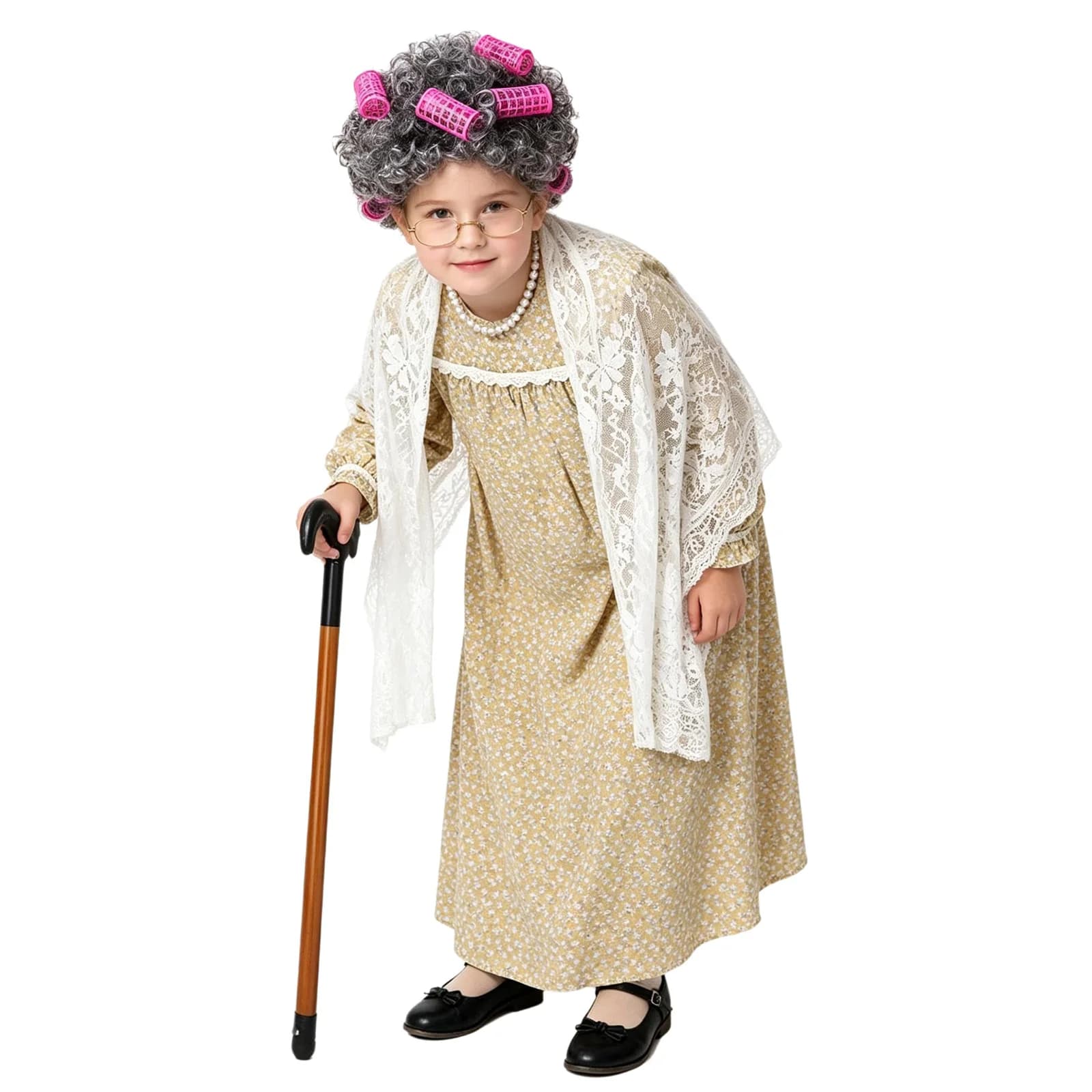 Costume da Nonna per Bambine e Ragazze - 100 Giorni di Scuola - Vestito a Maniche Lunghe con Accessori: Sciarpa in Pizzo, Parrucca, Collana e Occhiali per Travestimenti