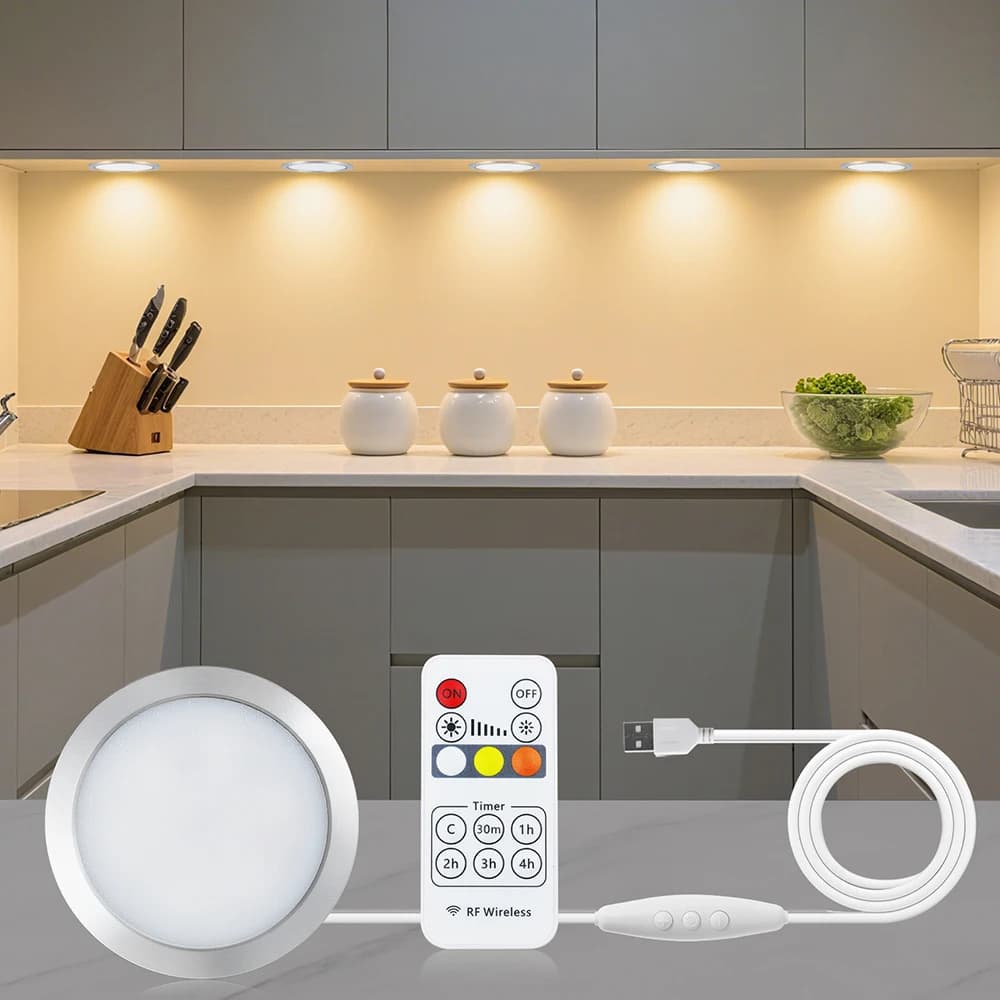 5V 2W MD60 Dual Color Ultra Thin Round LED Cabinet Light Kit with USB Hub 13 Key RF Remote