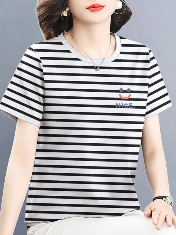 New 2026 plus Size Women's round Neck Striped Short Sleeve T-Shirt Slimming Trendy Top Comfortable Cotton Blend Commute Style