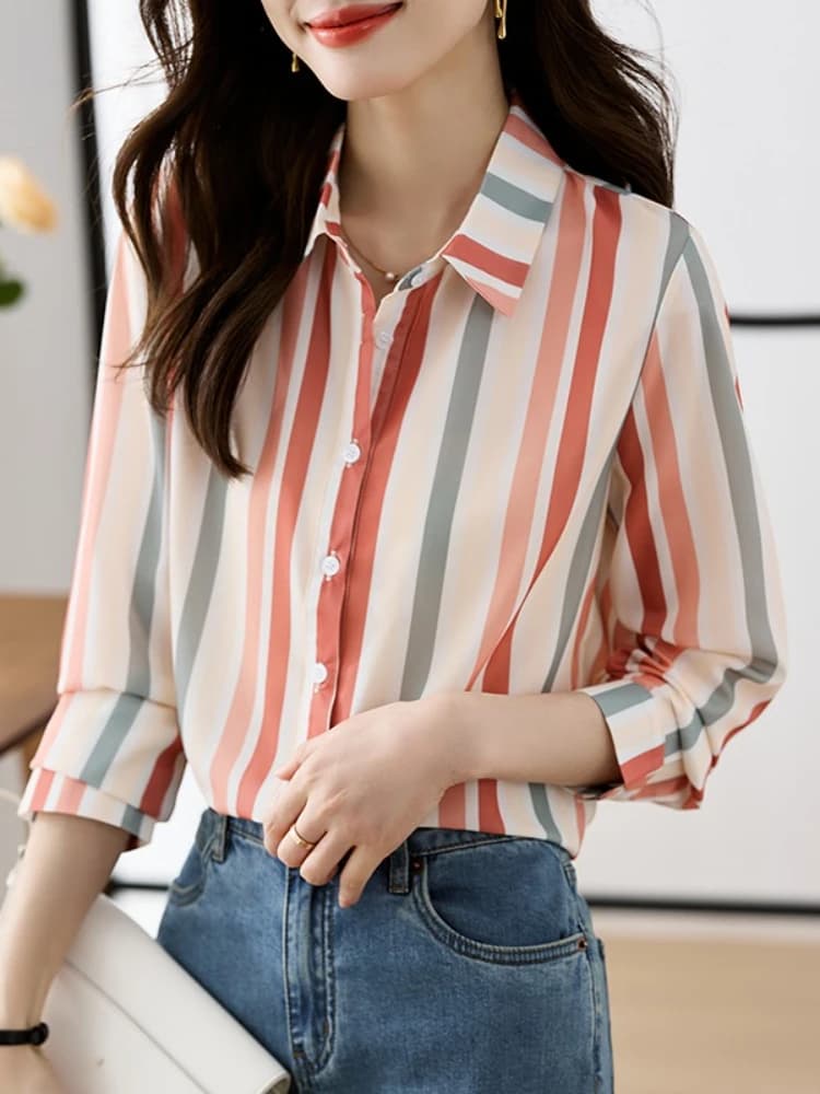 Nuova manica lunga colletto rovesciato camicette da donna 2026 camicia a righe da donna autunno casual maniche lunghe da donna blocchi di colore top