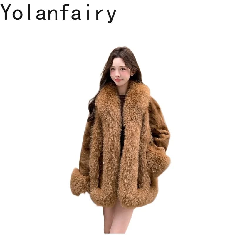 YOLANFAIRY High Quality Pieced Mink Real Fur Coat Women Winer Mid-length 100% Mink Fur Coats Fox Fur Collar Casual Jacket 67cm