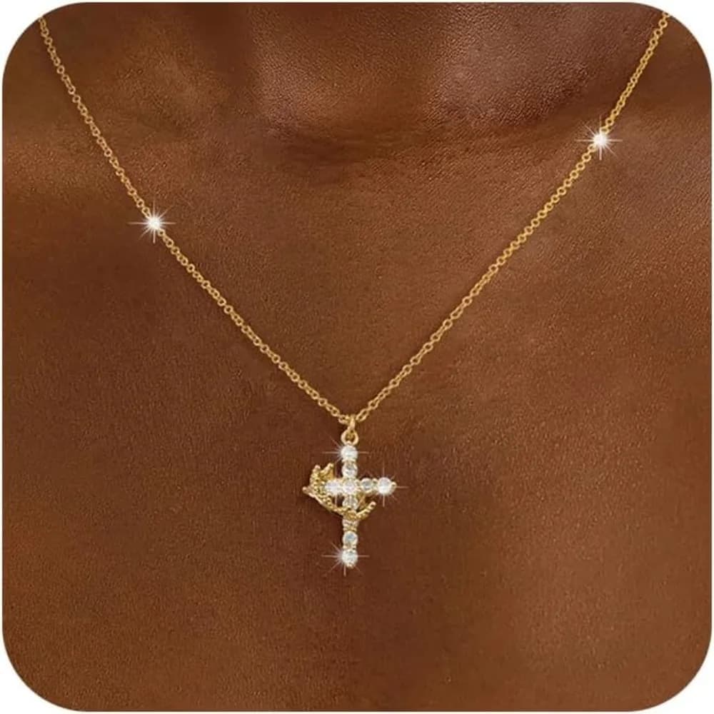 Collana con croce per donna - Dainty placcata in oro 14 carati / placcata in argento con ciondolo croce a corona Collane semplici con zirconi CZ per donna Tr