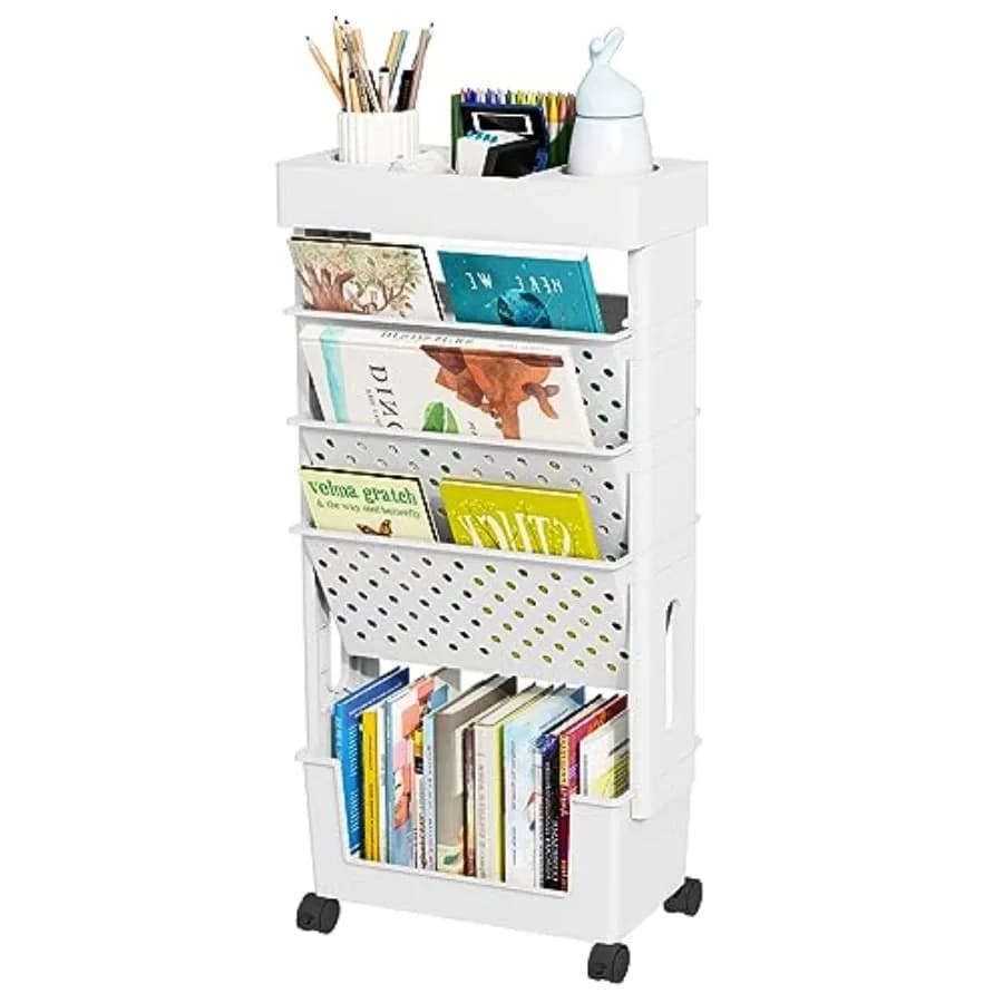 Libreria Mobile a 5 Ripiani, Scaffale Porta Libri con Ruote, Organizzatore per Documenti e Cartelle per Casa, Studio e Ufficio