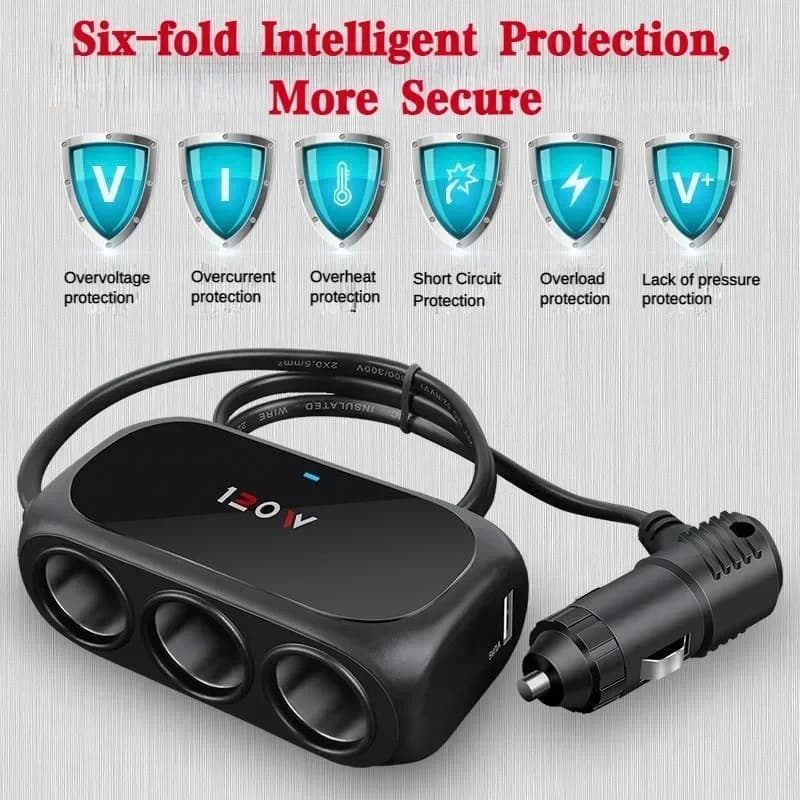 Adattatore Caricabatterie Auto 3 Prese Accendisigari con Doppia USB e LED, Caricatore Rapido 120W 12V 24V per iPhone, GPS, Dashcam