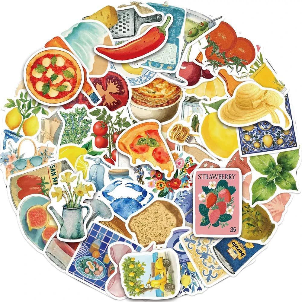 10/30/50 Pezzi Adesivi Stile Vintage Mediterraneo, Decorazioni Estetiche con Frutta e Cibo, Decalcomanie per Laptop, Scrapbook, Telefono