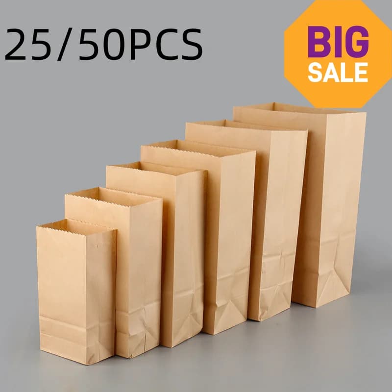 25/50pcs Brown Kraft Paper Bags Exquisite Recyclable Gift Takeout Food Baking Packaging Candy Storage Wholesale