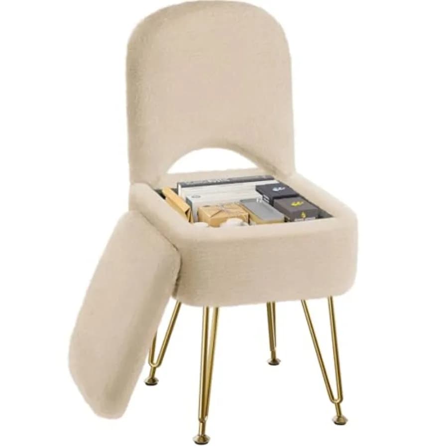 Sgabello da toeletta piccolo con contenitore e schienale pieghevole, 33,5 cm x 38 cm x 76,2 cm, pouf quadrato in morbida pelliccia sintetica, 4 gambe in metallo con base antiscivolo