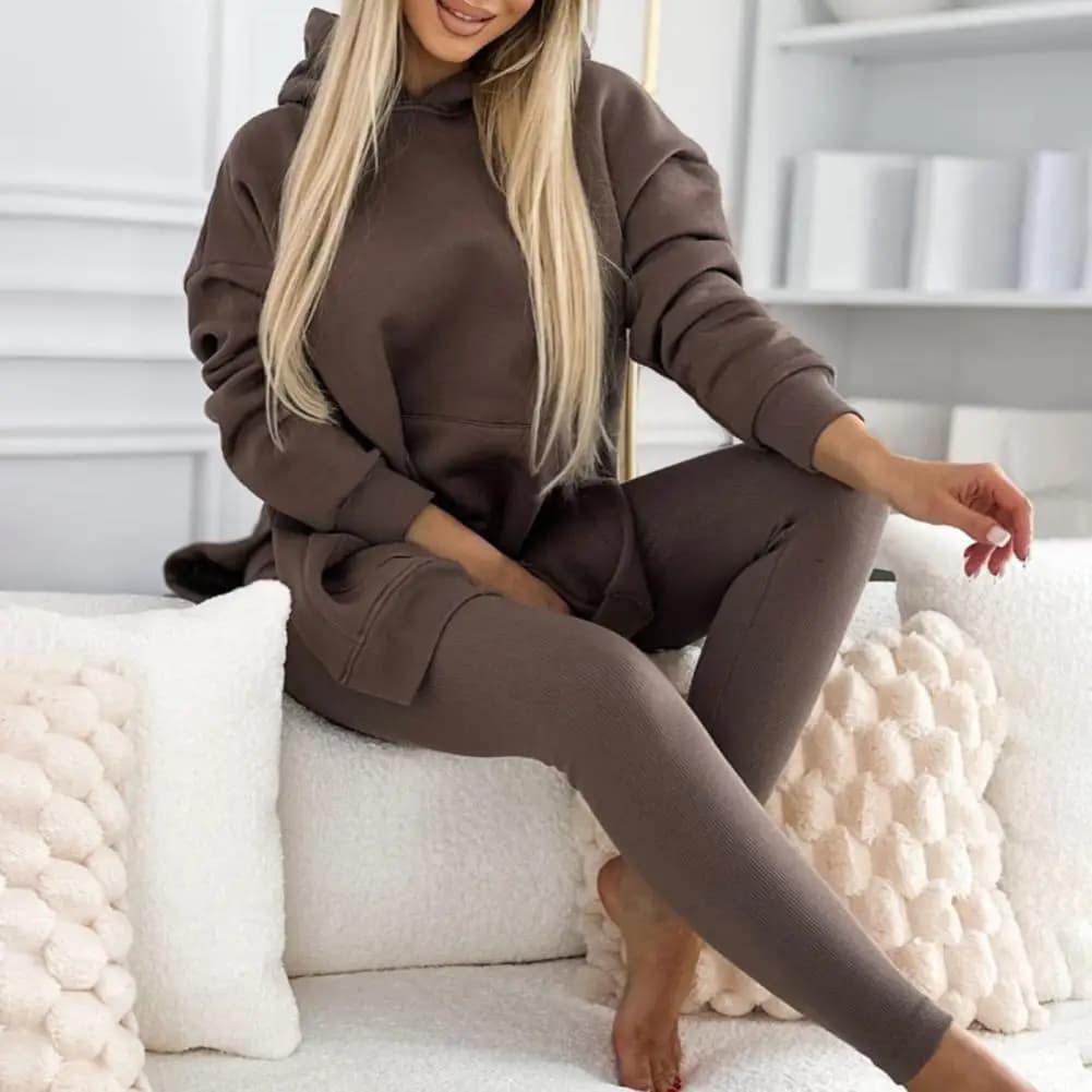 Set 2 Pezzi Donna: Top con Cappuccio a Maniche Lunghe e Pantaloni Slim Fit con Spacco, Vita Elasticizzata, Tuta Sportiva Casual per Fitness