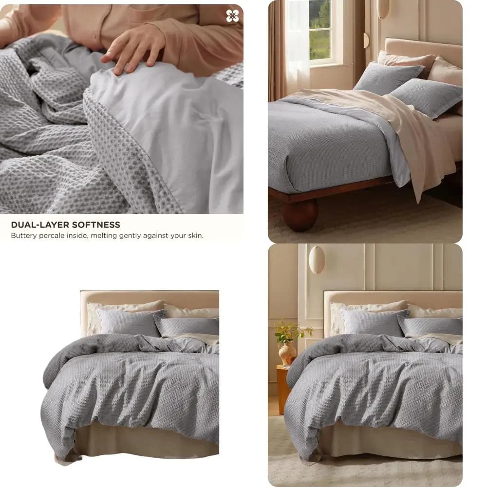 Set Copripiumino King Size Oversize in Cotone 100% Grigio, Tessuto Wale, Traspirante, Set da Letto in 3 Pezzi per Tutte le Stagioni