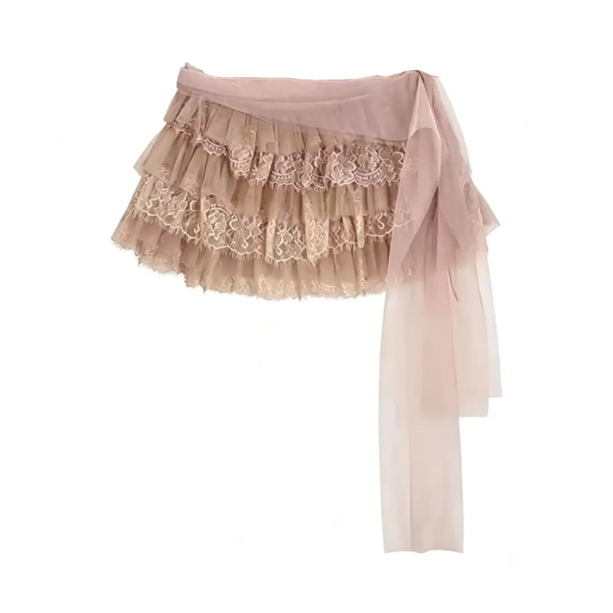 Gonna Corta in Tulle Sottile con Inserti in Pizzo e Rete Irregolare, Stile Voluminoso a Strati
