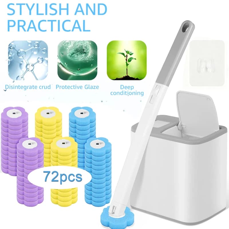 Disposable toilet cleaning brush and brush holder set, including replacement brush heads, non-woven fabric and sponge bristles.