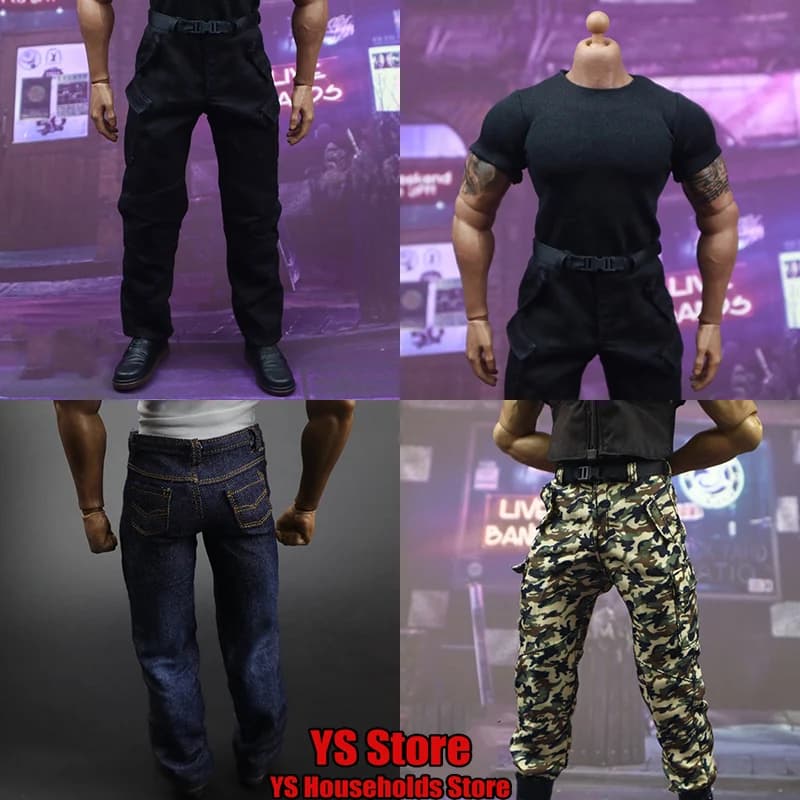 Multi Stili 1/6 Uomo Soldato Forte Gilet senza maniche Felpe con cappuccio Pantaloni in denim Pantaloni mimetici da combattimento per AT027 Corpo maschile