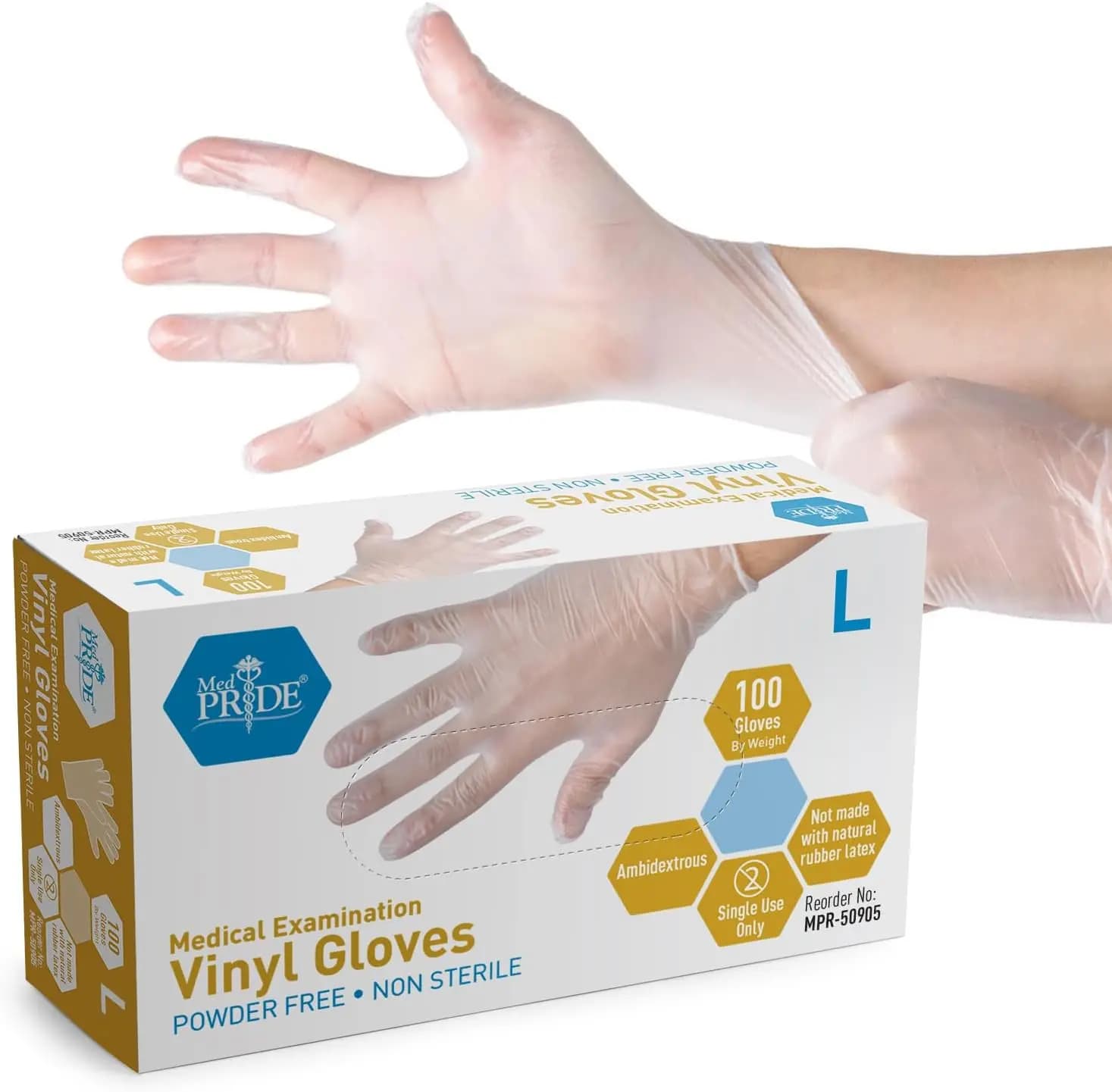 Guanti Monouso in Vinile per Esami, Taglia Grande, Confezione da 100, Senza Lattice e Senza Polvere, Trasparenti, Resistenti per Uso Medico e Alimentare