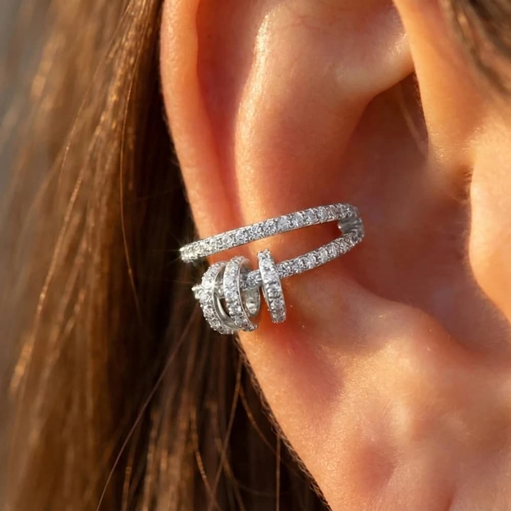 Shining Cubic Zirconia Double Layer Cartilage Clip Earrings Stainless Steel Geometric No Piercing Ear Cuff Anti Allergic Jewelry