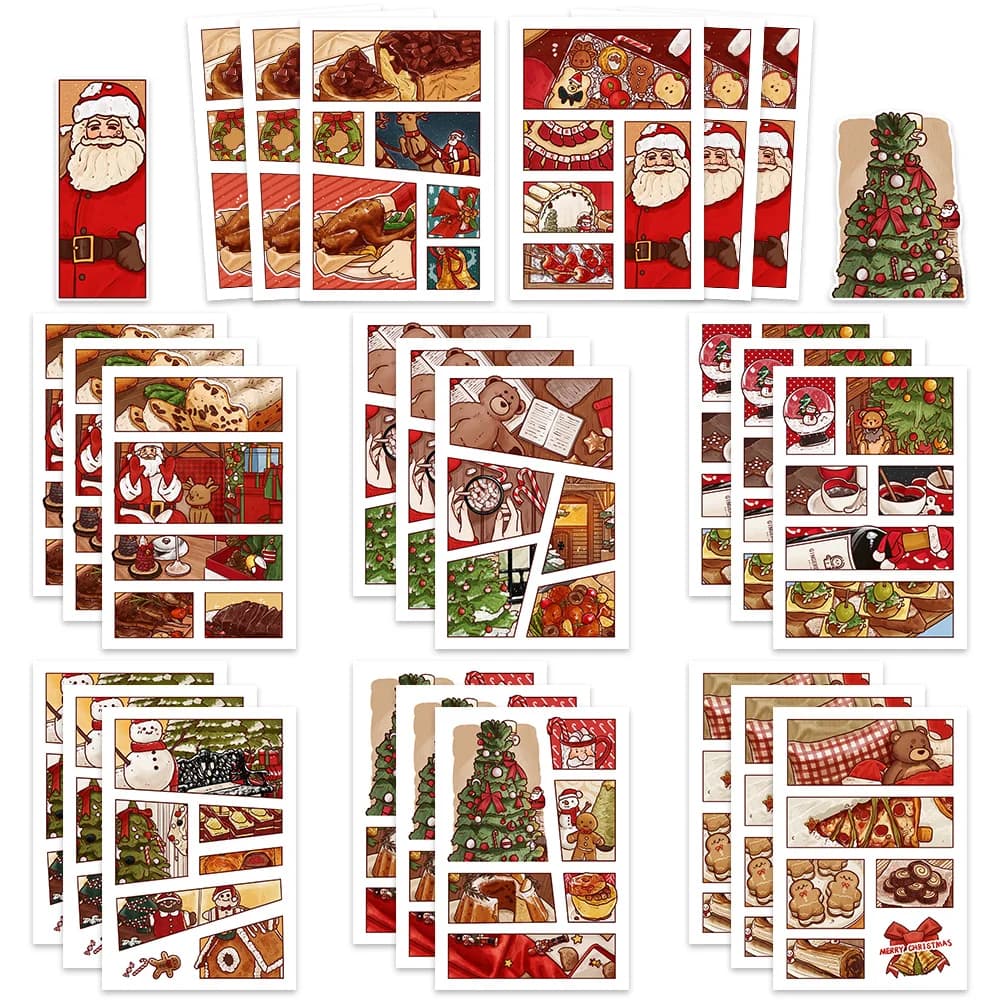 8 fogli adesivo per diario di Natale cartone animato Babbo Natale puzzle decalcomania manuale fai da te laptop valigia adesivo di cancelleria per giocattolo per studenti