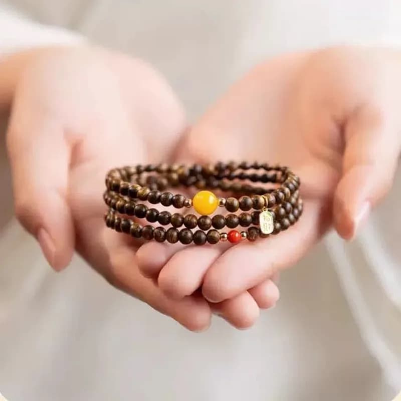Natural Brunei Agarwood Bracelet Triple Wrap with Beeswax Nanhong Lucky Beads and Sandalwood Gifts