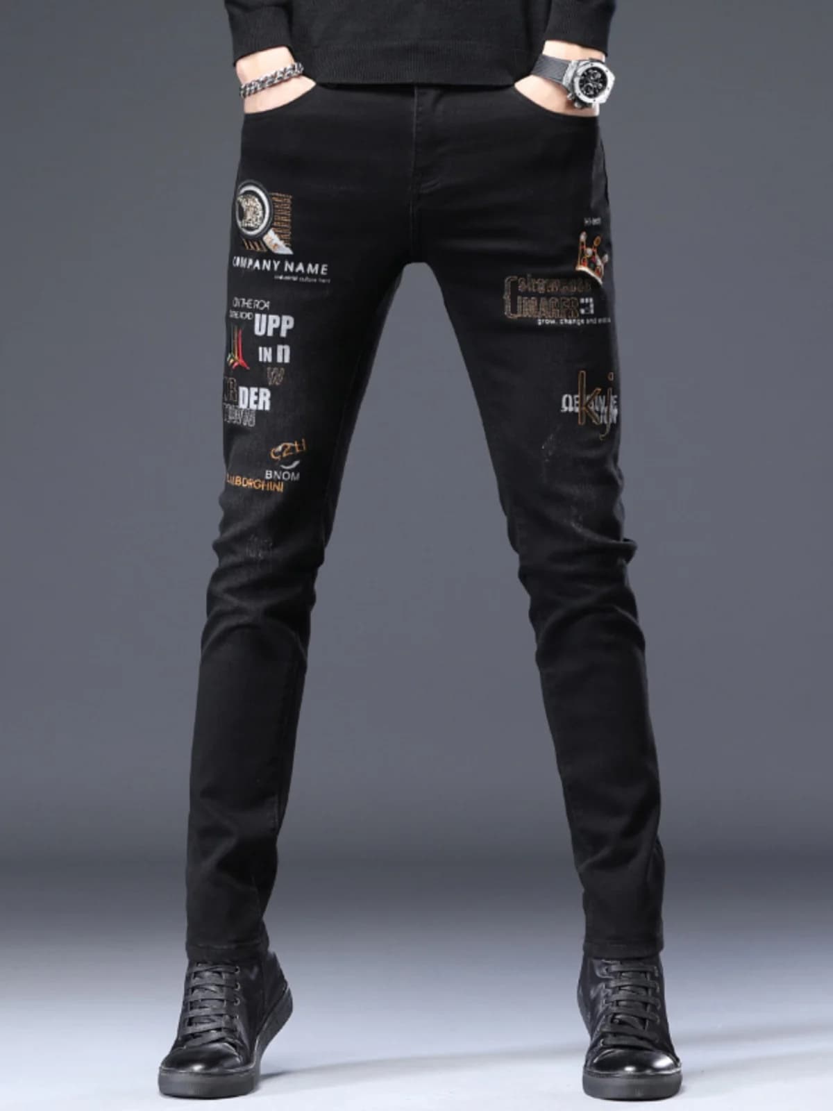 Jeans Casual da Uomo di Marca Trendy di Hong Kong, Neri con Ricami, Elasticizzati, Slim Fit, Gamba Stretta, Pantaloni Lunghi alla Moda