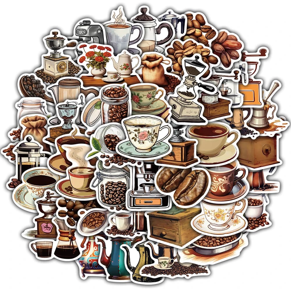 50 Pezzi Adesivi Creativi a Tema Caffè e Cartoni Animati per Valigie, Moto, Telefoni, Laptop, Skateboard, Adesivi per Graffiti e Paesaggi