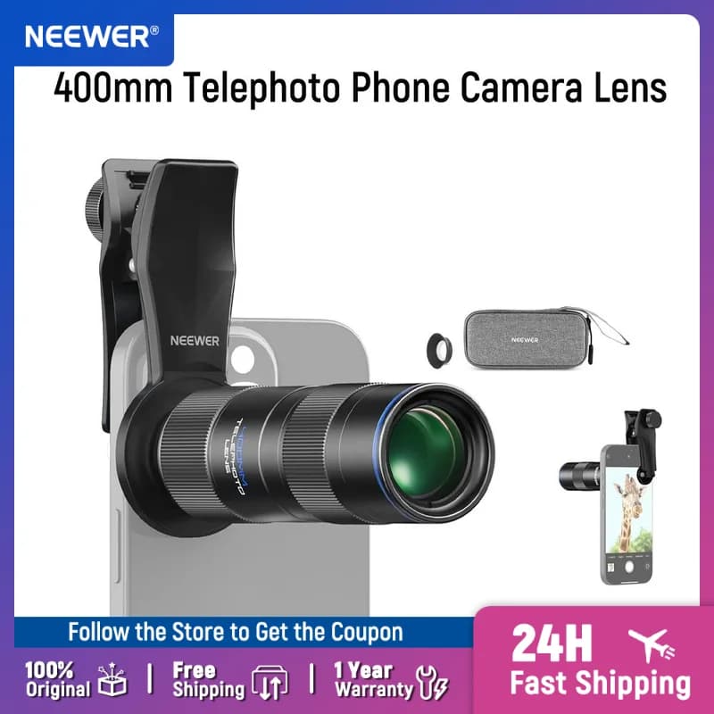 NEEWER Teleobiettivo da 400 mm Obiettivo della fotocamera del telefono con clip per obiettivo filettato da 17 mm Distanza di messa a fuoco macro minimale da 70 cm per iPhone Samsung