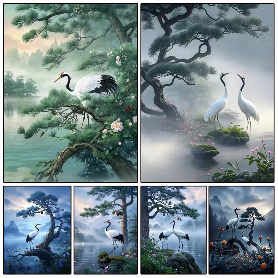 Diamond Painting Stitch Kit Pine Crane Lake Scenery Full Square Round Mosaic Diamond Embroidery 5D DIY Chinese style Home Dec