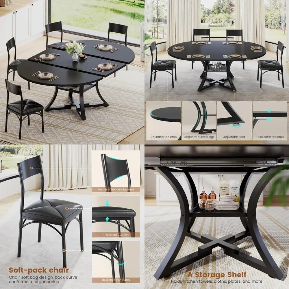 Set da pranzo nero da 5 pezzi per 4-6 persone con sedie imbottite, adatto a piccoli spazi, facile da pulire
