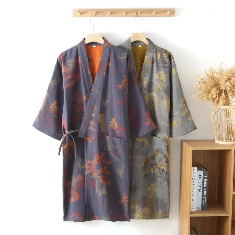 Kimono pyjamas in Cotton for Men, Spring vigil with Jacquard print, Media Housewear Length, Oversize and Breathable