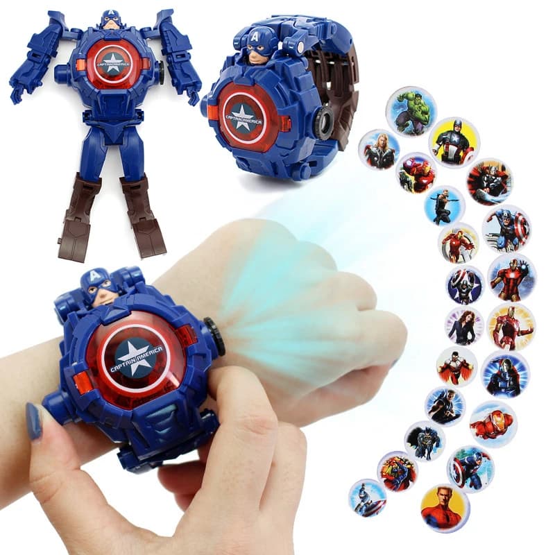 Orologio con Proiezione Disney 21 Personaggi, Spiderman, Capitan America, Iron Man, Robot Trasformabile, Orologio Elettronico con Proiezione, Regalo per Bambini
