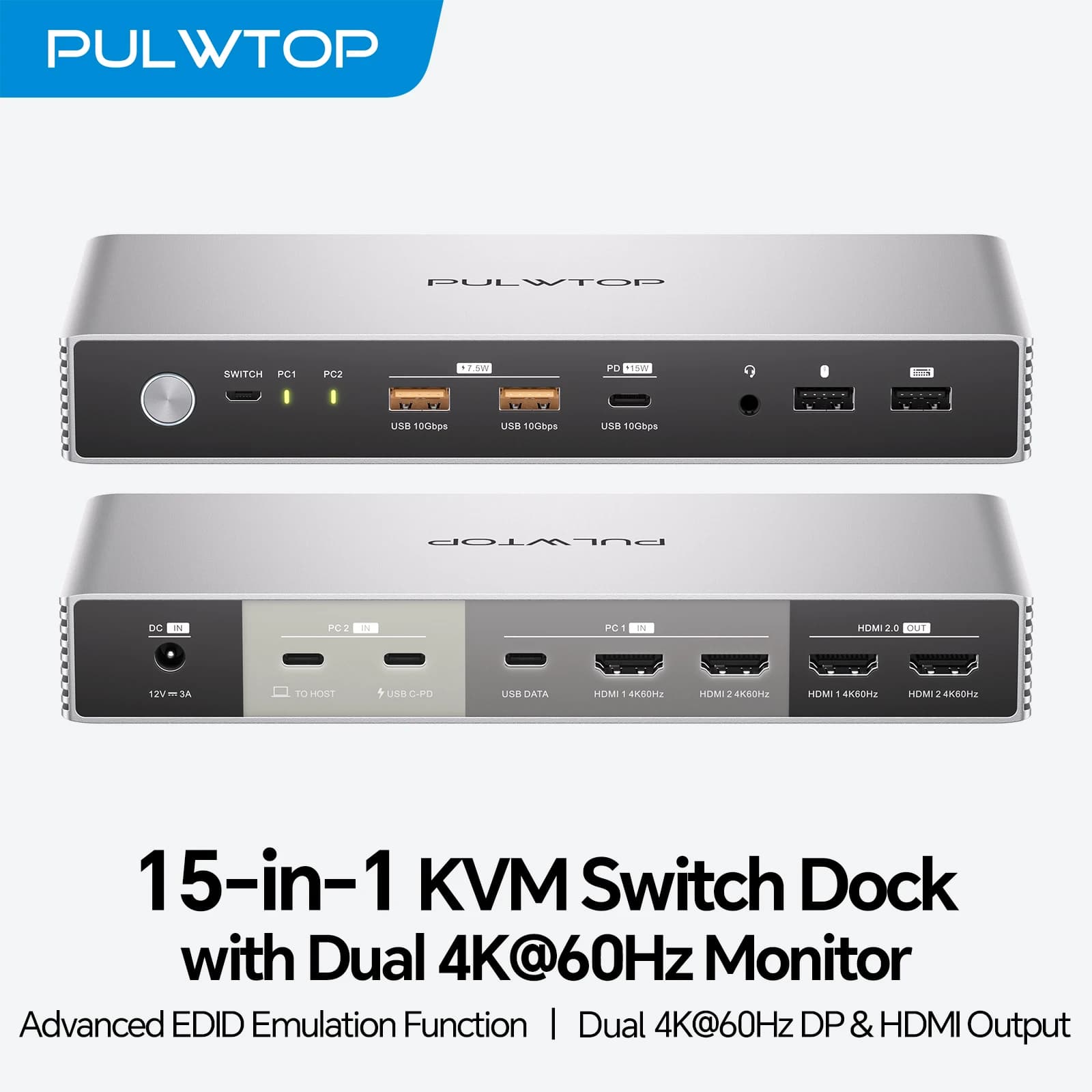 PULWTOP EDID 4K KVM Switch with Dock for Double Monitor, 2 HDMI, USB A/C 3.2 10Gbps, Charging 15W, Audio, Laptop and Desktop