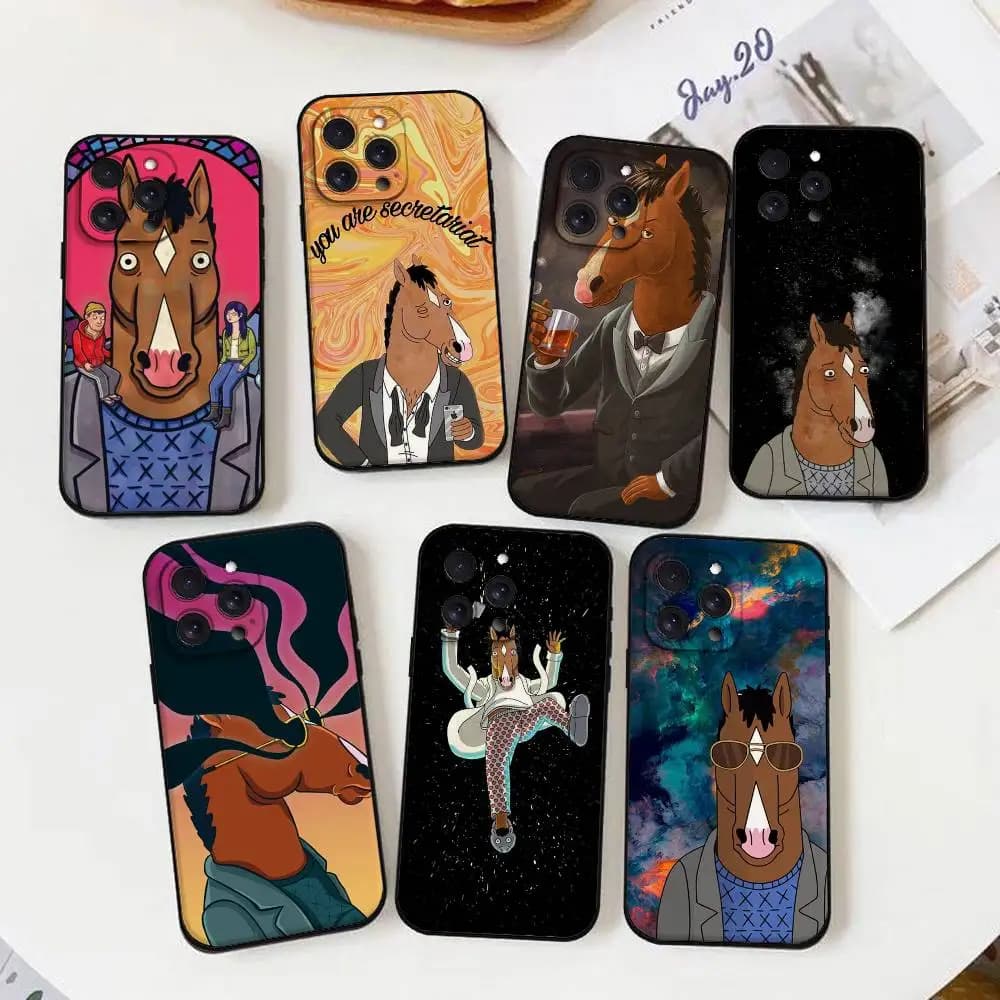 Cover Morbida Nera per iPhone 17 16 15 14 13 12 11 X XR XS Plus Pro Max Mini con Design Cartoon B-boJack