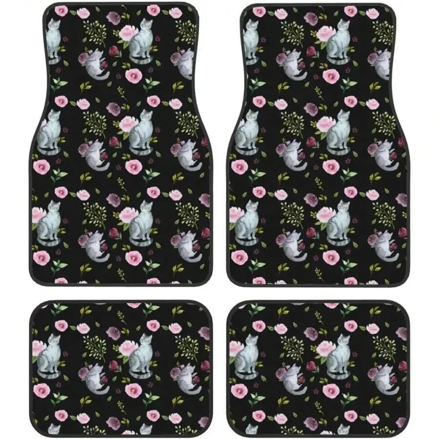 Car Mats Set Of 4 Happy Gray Kitty Cats Pattern Floor Mats For Cars Universal Front Rear Vehicle Rugs Auto Accessories