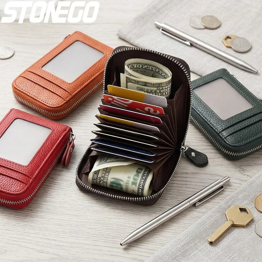 Portafoglio in Pelle RFID per Uomo e Donna, Portamonete con Cerniera, Porta Carte di Credito Multifunzionale Elegante Verticale